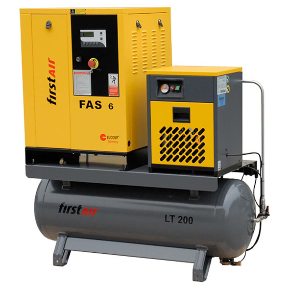 firstAir FAS061U rotary screw compressor, dryer, and filter mounted on gray air tank. 230V/60/3. First Air FAS6U air compressor with yellow body.