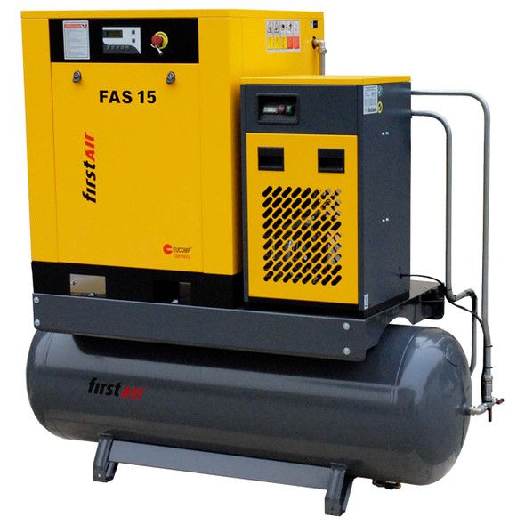 firstAir FAS153U rotary screw compressor UltraPack package. First Air FAS15U air compressor with yellow refrigerated air dryer mounted on gray air receiver tank. Shown at angle.