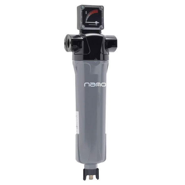 Nano GFN 0070 compressed air filter housing. Grey housing with black connections and a pressure gauge on top. Shown with a drain on the bottom.