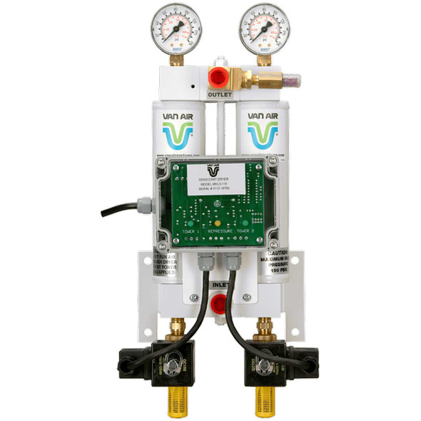 Van Air Systems 12 SCFM Mini Heatless Regenerative Air Dryer - Van Air MHL-12. Photo shows a mini twin tower desiccant air dryer.