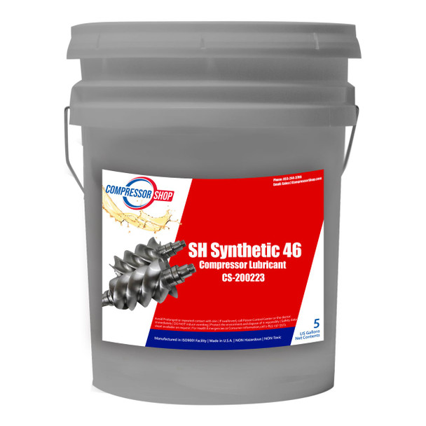 SH Synthetic ISO 46 compressor lubricant. Grey five gallon pail with handle.