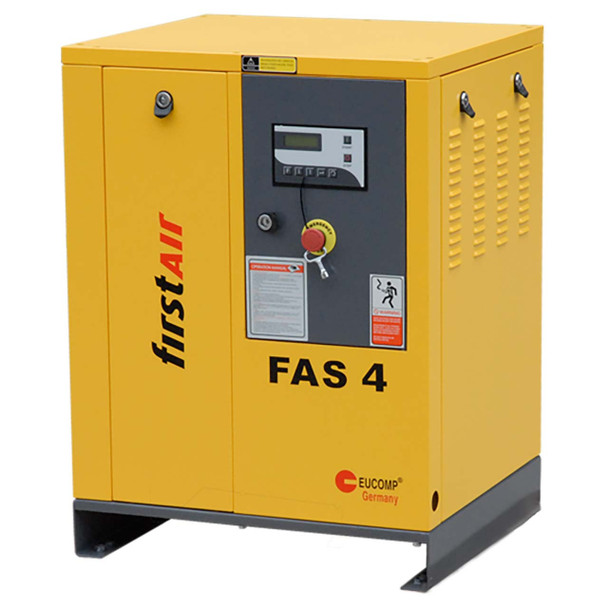firstAir FAS043 rotary screw compressor without tank. 230V/60/3/. Yellow First Air FAS4 air compressor with black open base. firstAir FAS043 rotary screw compressor without tank. 230V/60/3/. Yellow First Air FAS4 air compressor with black open base.