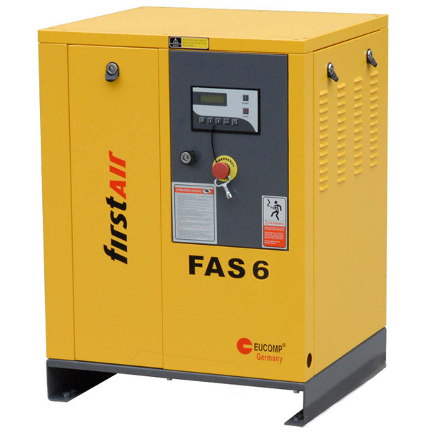 firstAir FAS063 rotary screw compressor without tank. 230V/60/3. First Air FAS6 air compressor with black open base and yellow body.