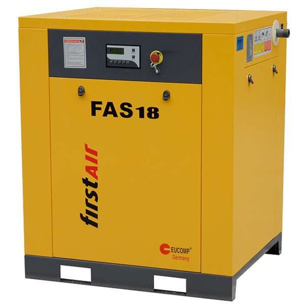 firstAir FAS183 rotary screw compressor without tank. First Air FAS18 air compressor with black open base and yellow body.