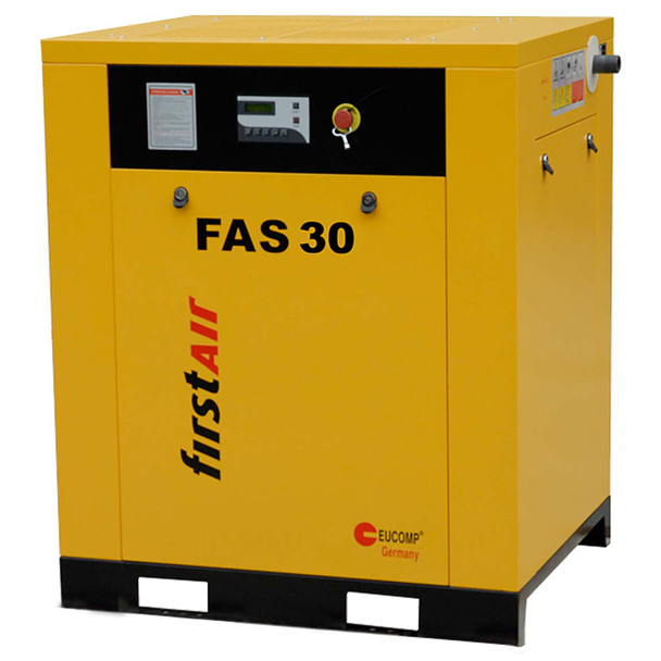 firstAir FAS303 rotary screw compressor without tank. First Air FAS 30 air compressor with black open base and yellow body.