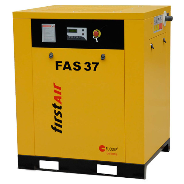firstAir FAS373 rotary screw compressor without tank shown at angle. First Air FAS 37 air compressor with black open base and yellow body.