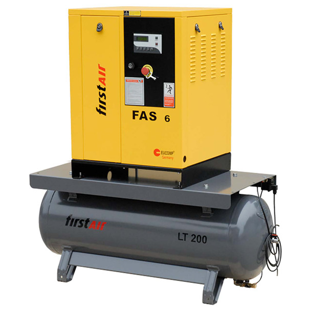 firstAir FAS063T rotary screw compressor mounted on gray air tank. 230V/60/3. First Air FAS6T air compressor with yellow body.