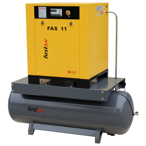 firstAir FAS113T rotary screw compressor with tank. 230V/60/3. First Air FAS11T air compressor with yellow body mounted on gray air receiver tank.