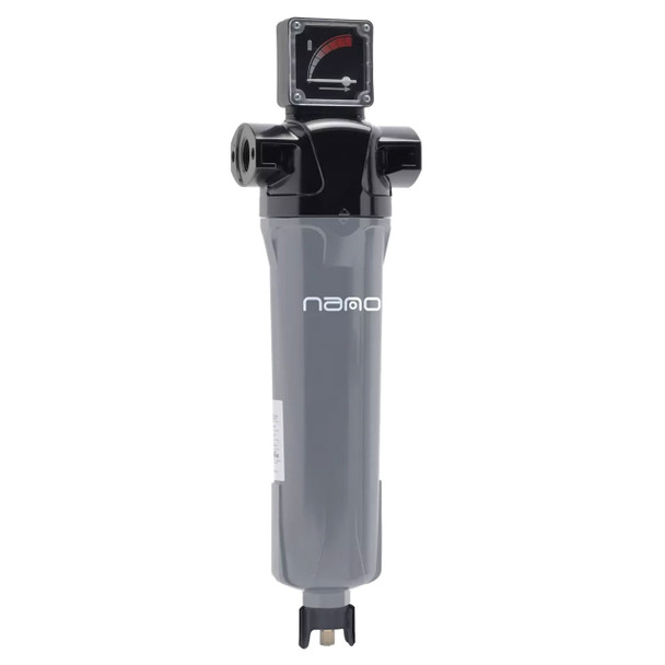 Nano GFN 0325 compressed air filter housing. Grey housing with black connections and a pressure gauge on top. Shown with a drain on the bottom.