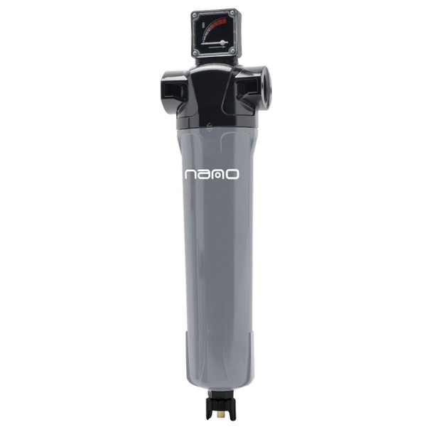 Nano GFN 1500 compressed air and gas filter housing. Shown with pressure indicator and drain.