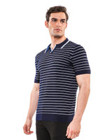 Postmarc Open Collar Textured Stripe Silk Tencel Knit Polo | Navy/Arctic PM-16314 | Side View | Mens Polo Shirts | Topdrawers Clothing for Men Postmarc Open Collar Textured Stripe Silk Tencel Knit Polo | Navy/Arctic PM-16314 | Side View | Mens Polo Shirts | Topdrawers Clothing for Men