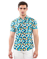 ST33LE Performance Short Sleeve Shirt | Turquoise/Ochre Parquet ST-26022 | Front View | Mens Short Sleeve Shirts | Topdrawers Clothing for Men