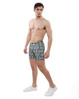 ST33LE Stretch Knit Jeans Shorts | Turquoise Ochre Parquet ST-1932-78 | Side View | Mens Shorts | Topdrawers Clothing for Men