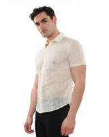 ST33LE Gossamer Knit Short Sleeve Shirt | Beige Leaves ST-24055 | Side View | Mens Short Sleeve Shirts | Topdrawers Clothing for Men