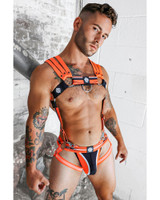Breedwell Circuit Breaker Body Harness | Neon Orange 2504-BDHARNESS | Side View | Mens Fetish Elastic Harnesses | Topdrawers Underwear for Men