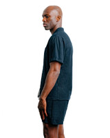 Champlain Linen Cuban Shirt Navy CHP-003-SS26004-01 | Side View | Mens Short Sleeve Shirts | Topdrawers Clothing for Men
