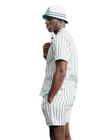 Champlain Striped Camp Collar Shirt White Green CHP-003-SS26013-04 | Side View | Mens Short Sleeve Shirts | Topdrawers Clothing for Men