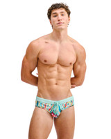ST33LE Swim Brief Teal Multi Drips ST-8015-33 | Front View | Mens Swim Briefs | Topdrawers Swimwear for Men