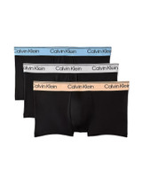 Calvin Klein 3-Pack Microfiber Stretch Low Rise Trunk Black Bodies  Gulf Blue Light Cast Peach Bliss NB4409G-3ZZ | Closeup View | Mens Boxer Briefs | Topdrawers Underwear for Men