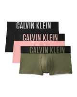 Calvin Klein 3-Pack Intense Power Microfiber Low Rise Trunk Black Sugar Pink Deep Lichen Green NB3611G-58O | Closeup View | Mens Boxer Briefs | Topdrawers Underwear for Men
