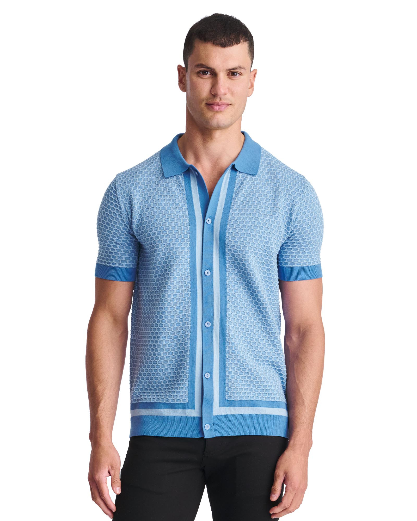 Postmarc S/S Honeycomb Textured Cotton Knit Shirt | Lagoon/Glacier