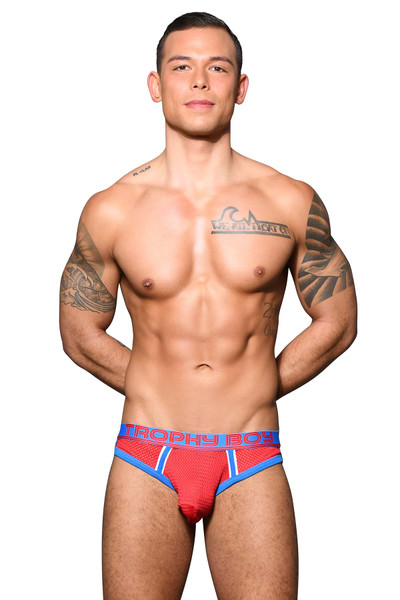 Andrew Christian Trophy Boy Mesh Brief Jock 92122-RD Red - Mens Jock Briefs - Front View - Topdrawers Underwear for Men
