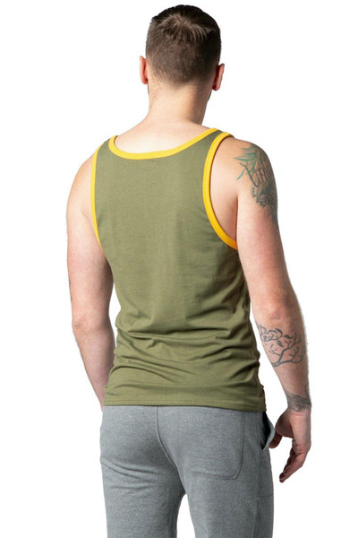 Bike Athletic Logo Ringer Tank Top | Olive | BAM109OLV  - Mens Tank Tops - Rear View - Topdrawers Clothing for Men
