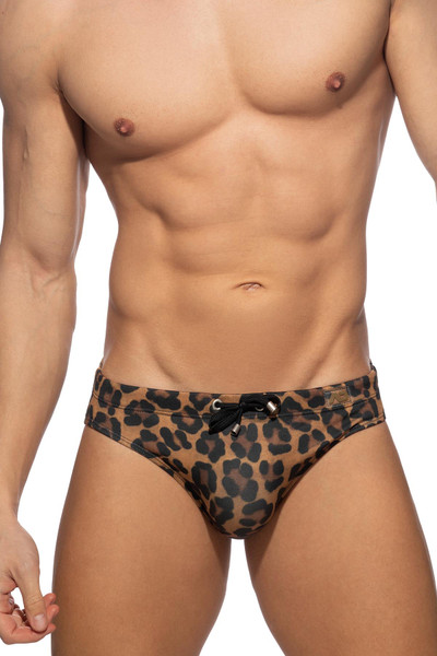 Addicted Leopard Swim Brief | Brown | ADS314-13  - Mens Swim Briefs - Front View - Topdrawers Swimwear for Men
