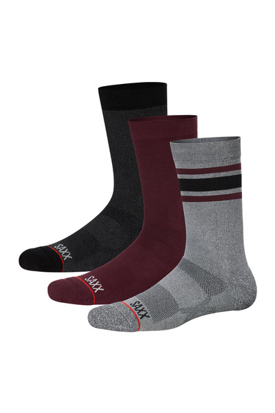 Saxx 3-Pack Whole Package Crew Socks | Athletic Stripe/Burnt Plum/Black Heather | SXCR302-ABP  - Mens Socks - Front View - Topdrawers Underwear for Men
