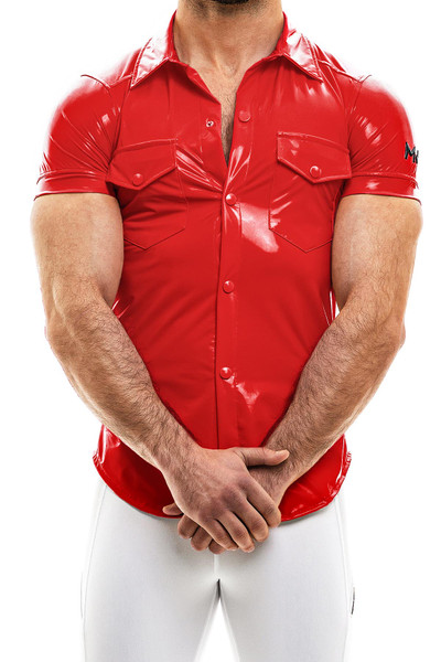 Modus Vivendi Viral Vinyl Shirt | Red | 08041-RD  - Mens Fetish Short Sleeve Shirts - Front View - Topdrawers Clothing for Men
