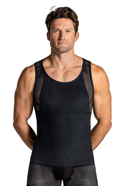 Leo Stretch Cotton Moderate Shaper Tank w/ Mesh | Black | 035022-700  - Mens Shapewear - Front View - Topdrawers Underwear for Men
