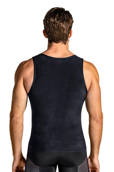 Leo Stretch Cotton Moderate Shaper Tank w/ Mesh | Black | 035022-700  - Mens Shapewear - Rear View - Topdrawers Underwear for Men
