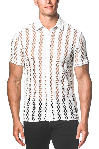 ST33LE Stretch Gossamer Lace Short Sleeve Shirt | White Honeycomb | ST-24014  - Mens Short Sleeve Shirts - Front View - Topdrawers Clothing for Men
