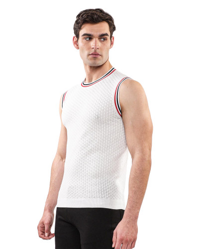 ST33LE Textured Open Mesh Knitted Vest | Off White ST-24058 | Side View | Mens Casual Tops | Topdrawers Clothing for Men