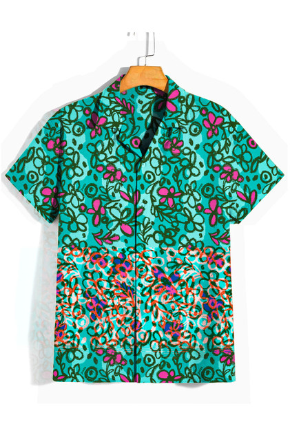YUASA Resort Shirt | Sketchbook Cosmos Turquoise Multi - Front View | Mens Short Sleeve Shirts | Topdrawers Clothing for Men