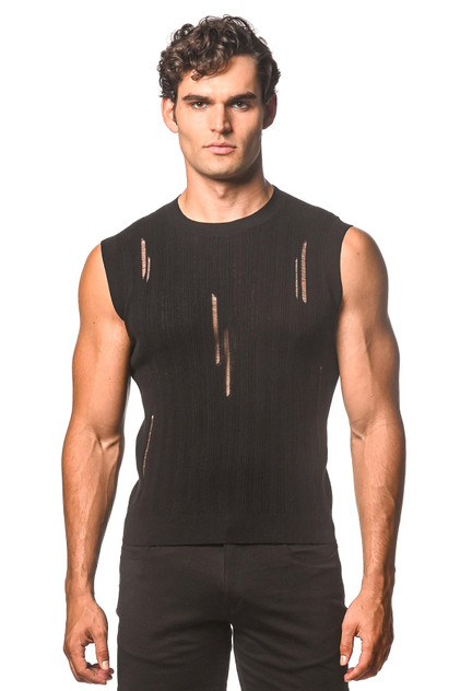 ST33LE Distressed Textured Knitted Tank | Black ST-24038 | Front View | Mens Sleeveless T-Shirts | Topdrawers Clothing for Men
