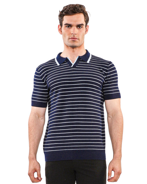 Postmarc Open Collar Textured Stripe Silk Tencel Knit Polo | Navy/Arctic PM-16314 | Front View | Mens Polo Shirts | Topdrawers Clothing for Men Postmarc Open Collar Textured Stripe Silk Tencel Knit Polo | Navy/Arctic PM-16314 | Front View | Mens Polo Shirts | Topdrawers Clothing for Men