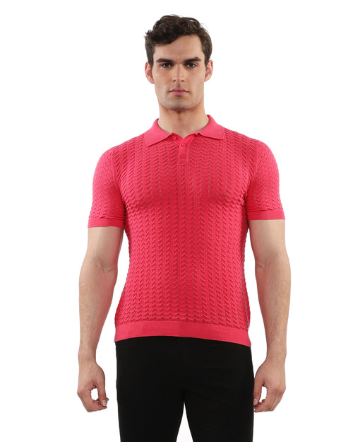 Postmarc Textured Chevron Knit Polo | Coral Reef PM-16236 | Front View | Mens Polo Shirts | Topdrawers Clothing for Men