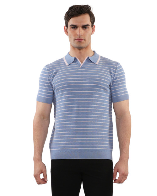 Postmarc Open Collar Textured Stripe Silk Tencel Knit Polo | Slate Pink PM-16314 | Front View | Mens Polo Shirts | Topdrawers Clothing for Men