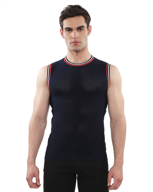 ST33LE Textured Open Mesh Knitted Vest | Navy ST-24058 | Front View | Mens Casual Tops | Topdrawers Clothing for Men