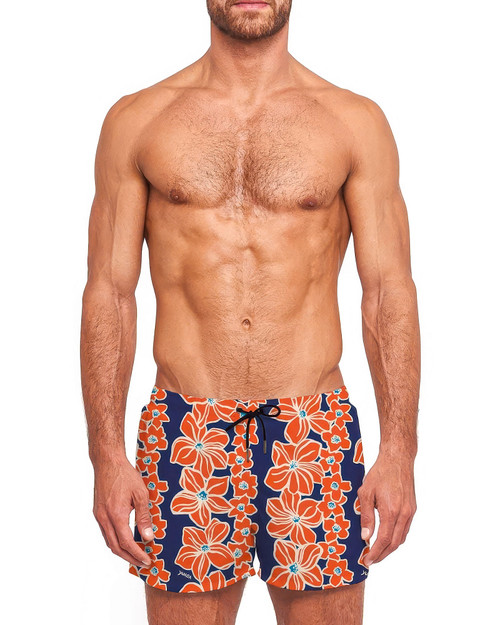 YUASA Swim Short Hawaiian Lei Orange Blue YT-102 | Front View | Mens Swim Shorts | Topdrawers Swimwear for Men YUASA Swim Short Hawaiian Lei Orange Blue YT-102 | Front View | Mens Swim Shorts | Topdrawers Swimwear for Men