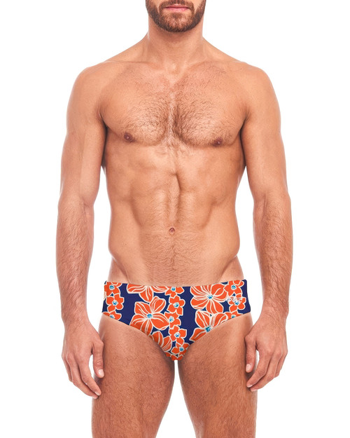 YUASA Swim Brief Hawaiian Lei Orange Blue YT-103 | Front View | Mens Swim Briefs | Topdrawers Swimwear for Men YUASA Swim Brief Hawaiian Lei Orange Blue YT-103 | Front View | Mens Swim Briefs | Topdrawers Swimwear for Men