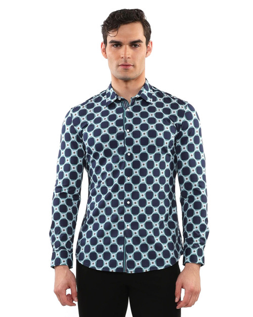 Postmarc L S Performance Stretch Shirt Aloe Peacock Squares PM-76086 | Front View | Mens Long Sleeve Shirts | Topdrawers Clothing for Men