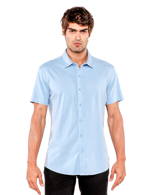 ST33LE Solid Knit Stretch Short Sleeve Shirt | Blue Dew ST-963-03 | Front View | Mens Short Sleeve Shirts | Topdrawers Clothing for Men