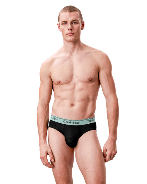 Calvin Klein 3-Pack Microfiber Stretch Hip Brief Black w  Black Light Cast Feel The Mint NB4408G-3ZP | Front View | Mens Briefs | Topdrawers Underwear for Men