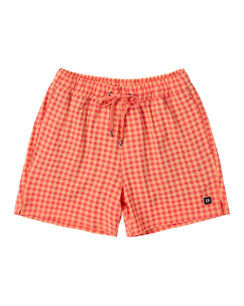 Saxx Oh Buoy 2N1 Volley Swim Short 5 Inch Peach Gingham SXSW03L | Front View | Mens Swim Shorts | Topdrawers Swimwear for Men