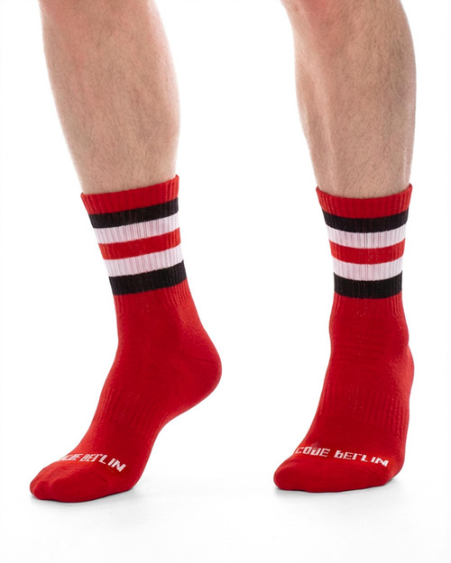 Barcode Berlin Fetish Half Socks Stripes Red Black White 91720 | Front View | Mens Crew Socks | Topdrawers Apparel for Men