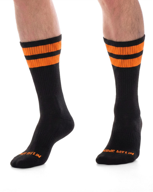 Barcode Berlin Gym Socks Black Orange 91366 | Front View | Mens Crew Socks | Topdrawers Apparel for Men
