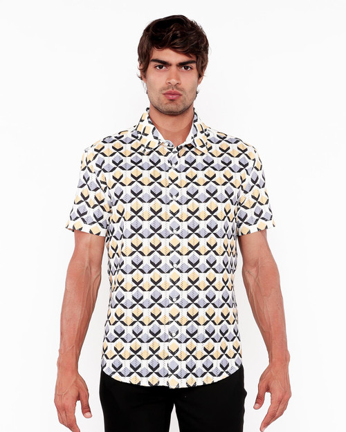 ST33LE Stretch Open Knit Short Sleeve Shirt Gold Silver Diamonds ST-48071 | Front View | Mens Short Sleeve Shirts | Topdrawers Clothing for Men