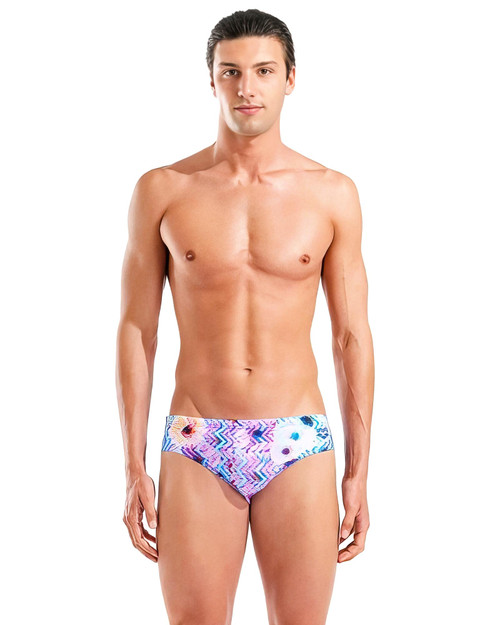 Arena Blurred Swim Brief White Multi Neon Blue 010765 | Front View | Mens Swim Briefs | Topdrawers Swimwear for Men
